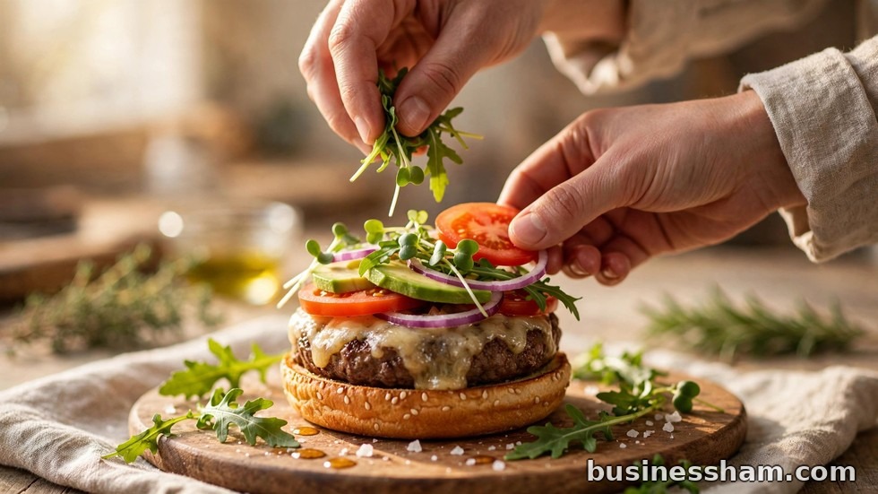 Hands adding fresh toppings to a burger surrounded by options