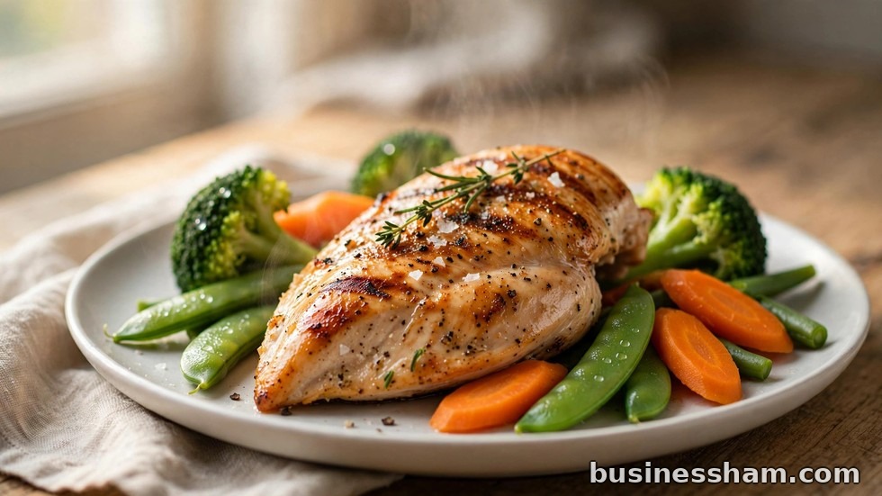 A grilled chicken breast with fresh vegetables as a light meal