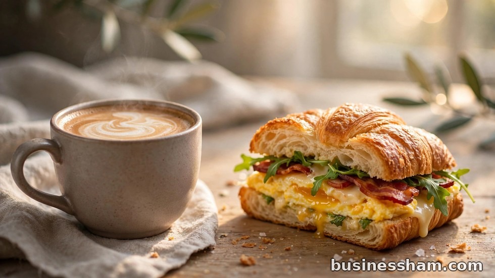 Coffee and a breakfast biscuit sandwich in bright morning light