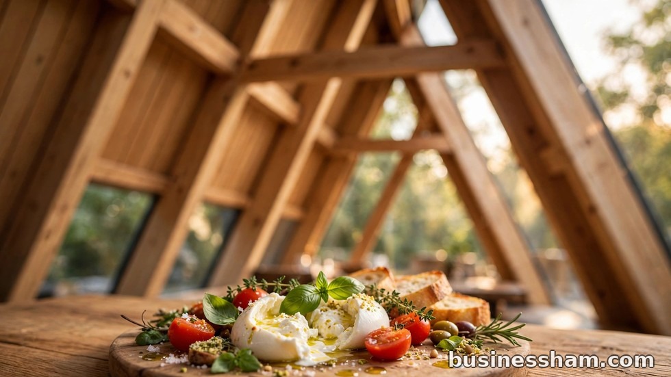 A-frame restaurant architecture detail with bold triangular roofline