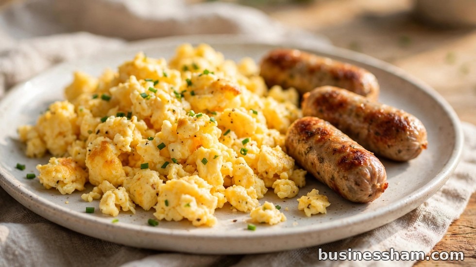 Scrambled eggs and sausage close-up from a breakfast platter