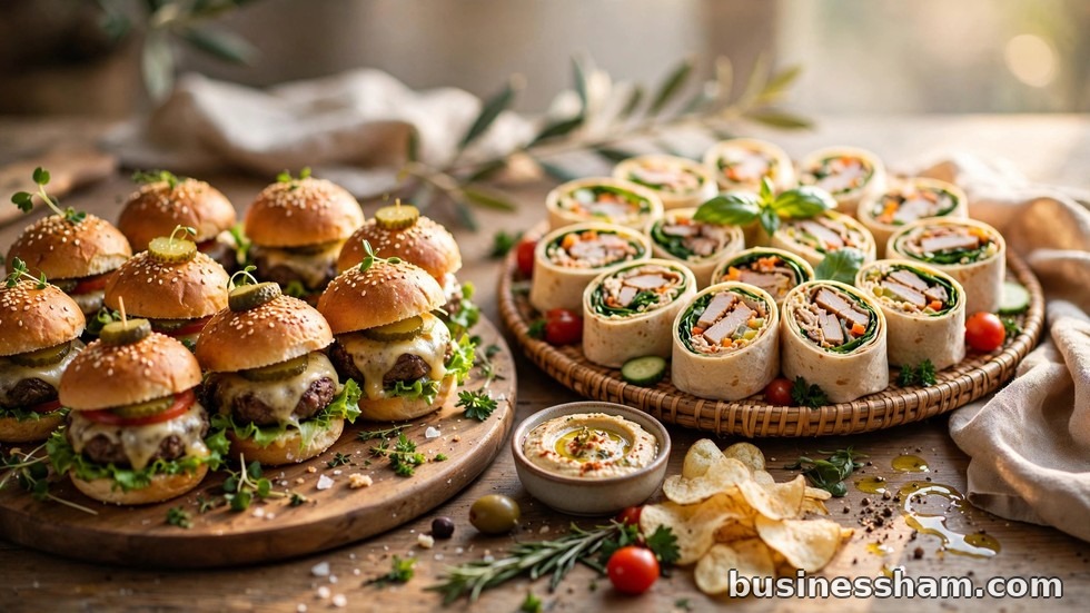 Whataburger party platters with sliders and sides on a party table
