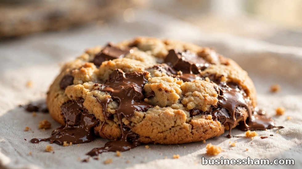 A warm chocolate chunk cookie with melting chocolate pieces