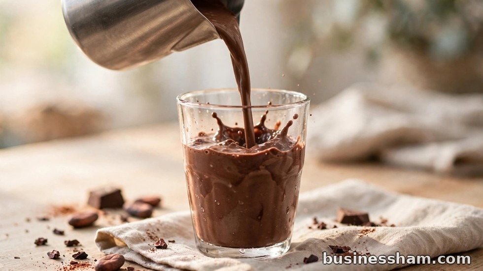 A thick chocolate shake being poured into a tall glass with whipped cream on top