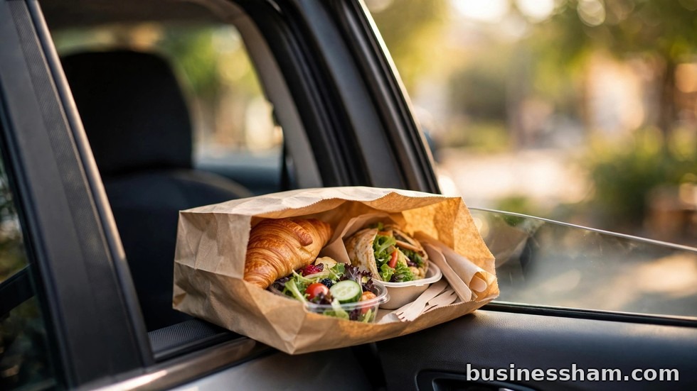 A food bag handed to a car window at a curbside pickup spot