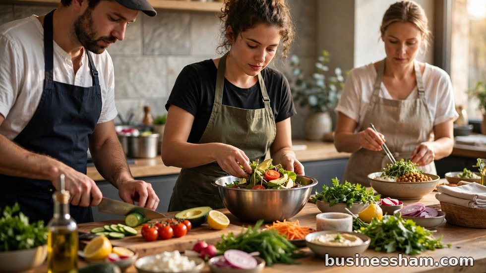 Restaurant kitchen crew members preparing fresh food in uniform