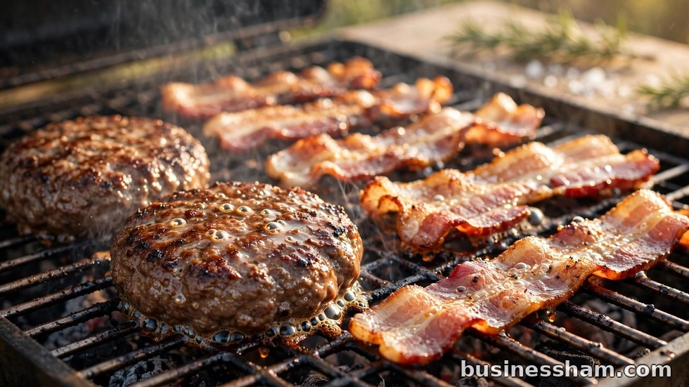 Bacon and beef patties sizzling on a grill