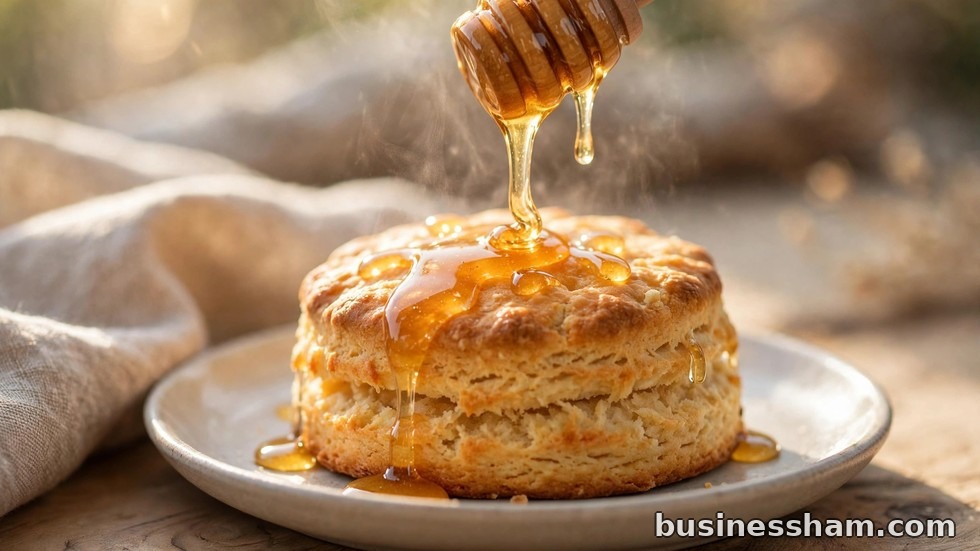 Honey being drizzled over a warm Whataburger breakfast biscuit