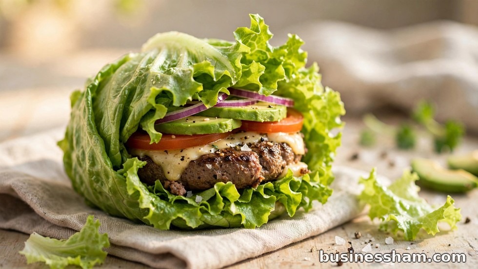 A bunless low-carb burger bowl with lettuce, cheese and bacon
