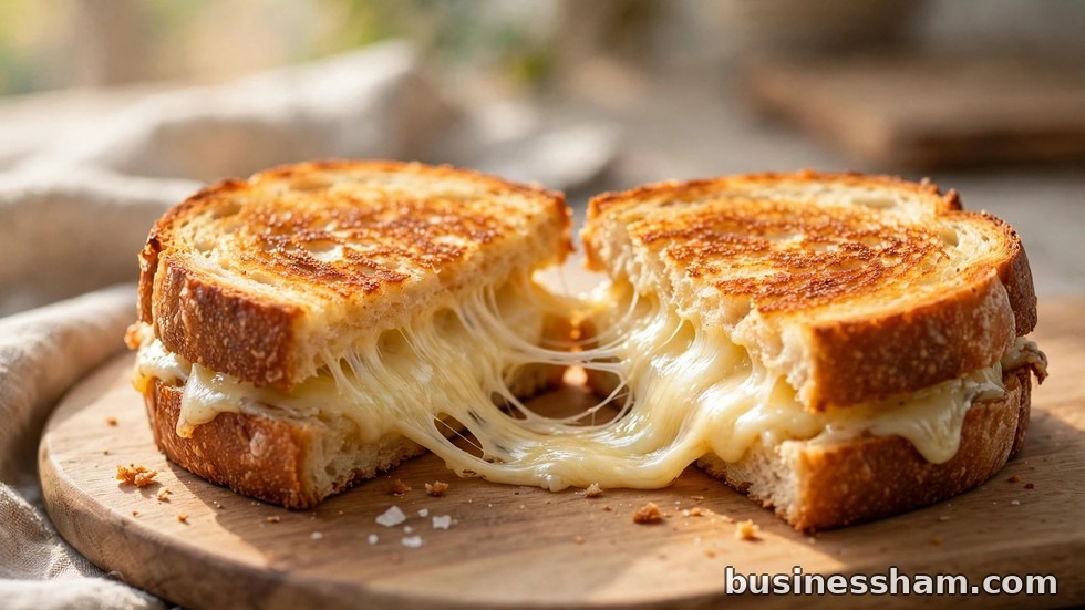 A golden grilled cheese sandwich cut into triangles with melted cheese