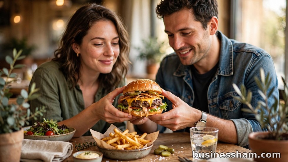 Two people sharing burgers at a restaurant table with subtle patriotic decor