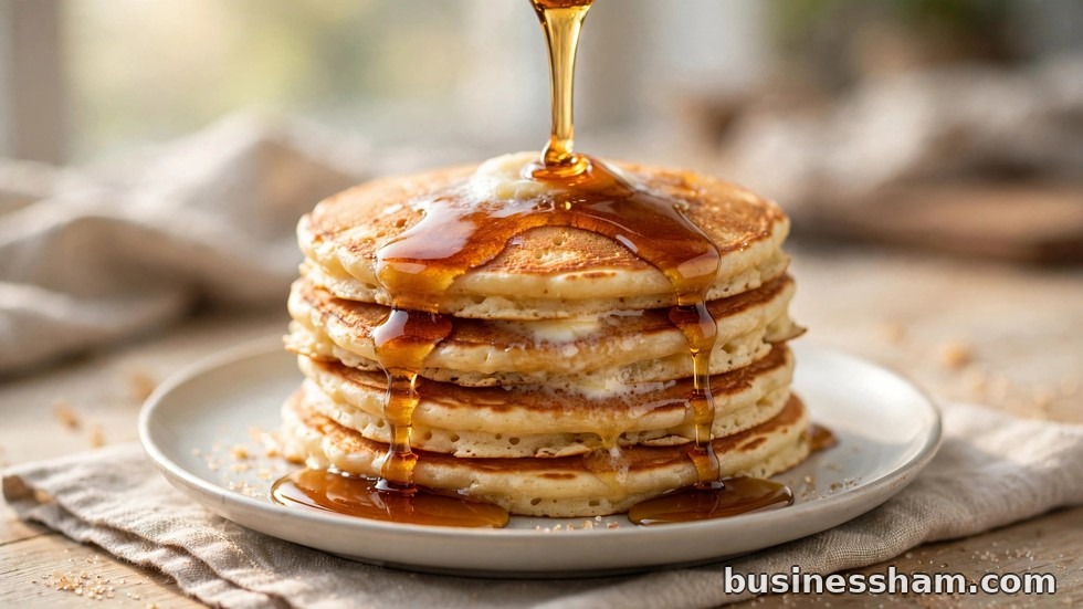 Maple syrup pouring over a tall stack of Whataburger pancakes