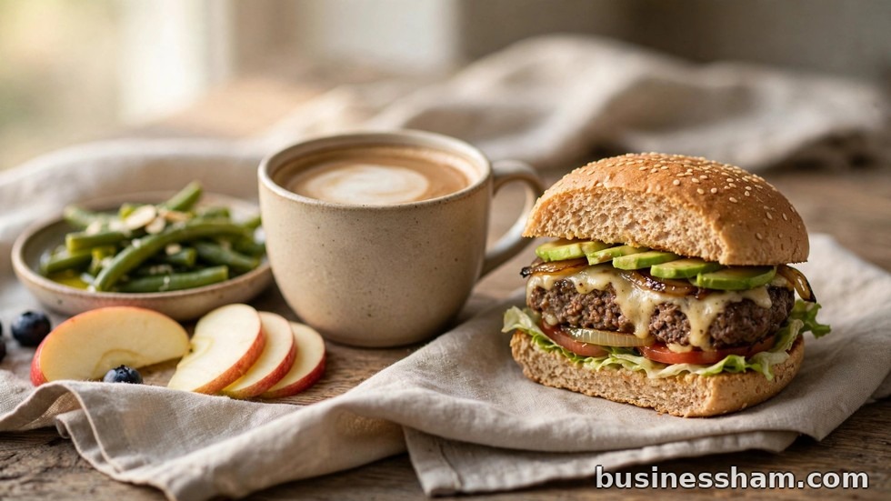 A senior couple enjoying burgers and coffee at a restaurant table
