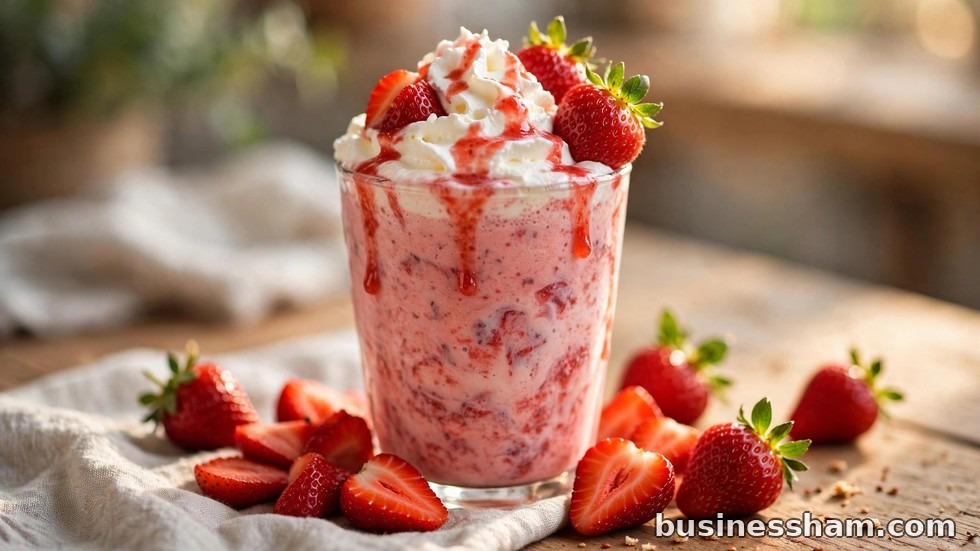 A pink strawberry shake topped with fresh strawberries and whipped cream
