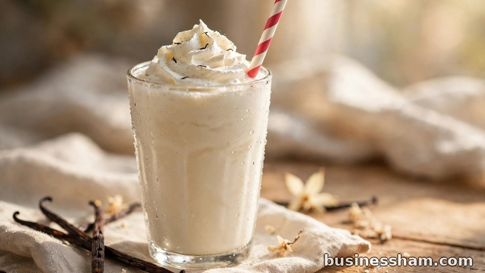 A vanilla milkshake in a tall glass with a striped straw and whipped cream