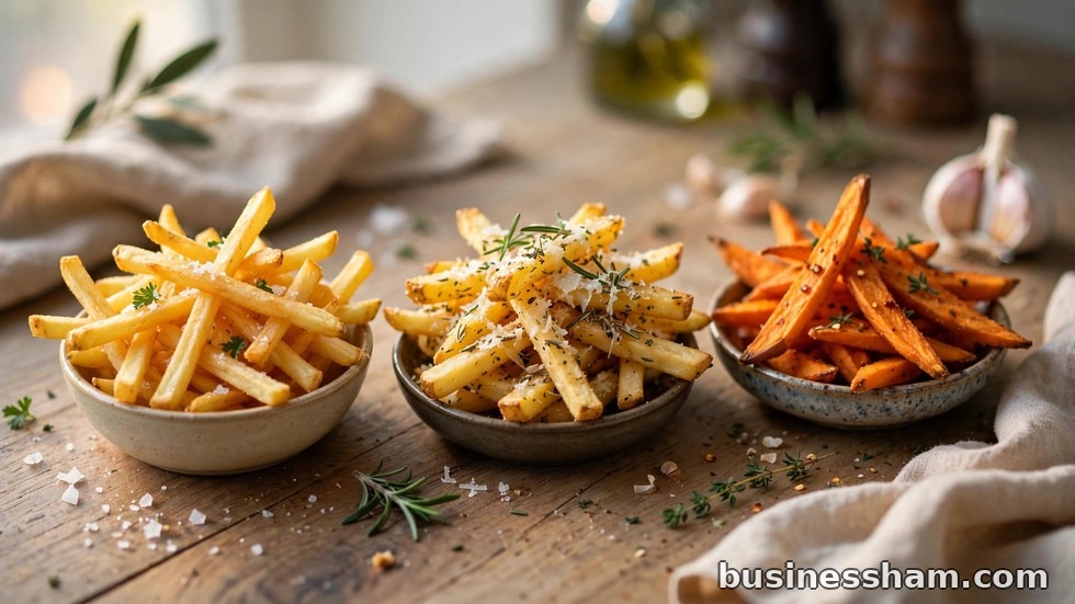 A french fries comparison tasting with two gourmet burgers